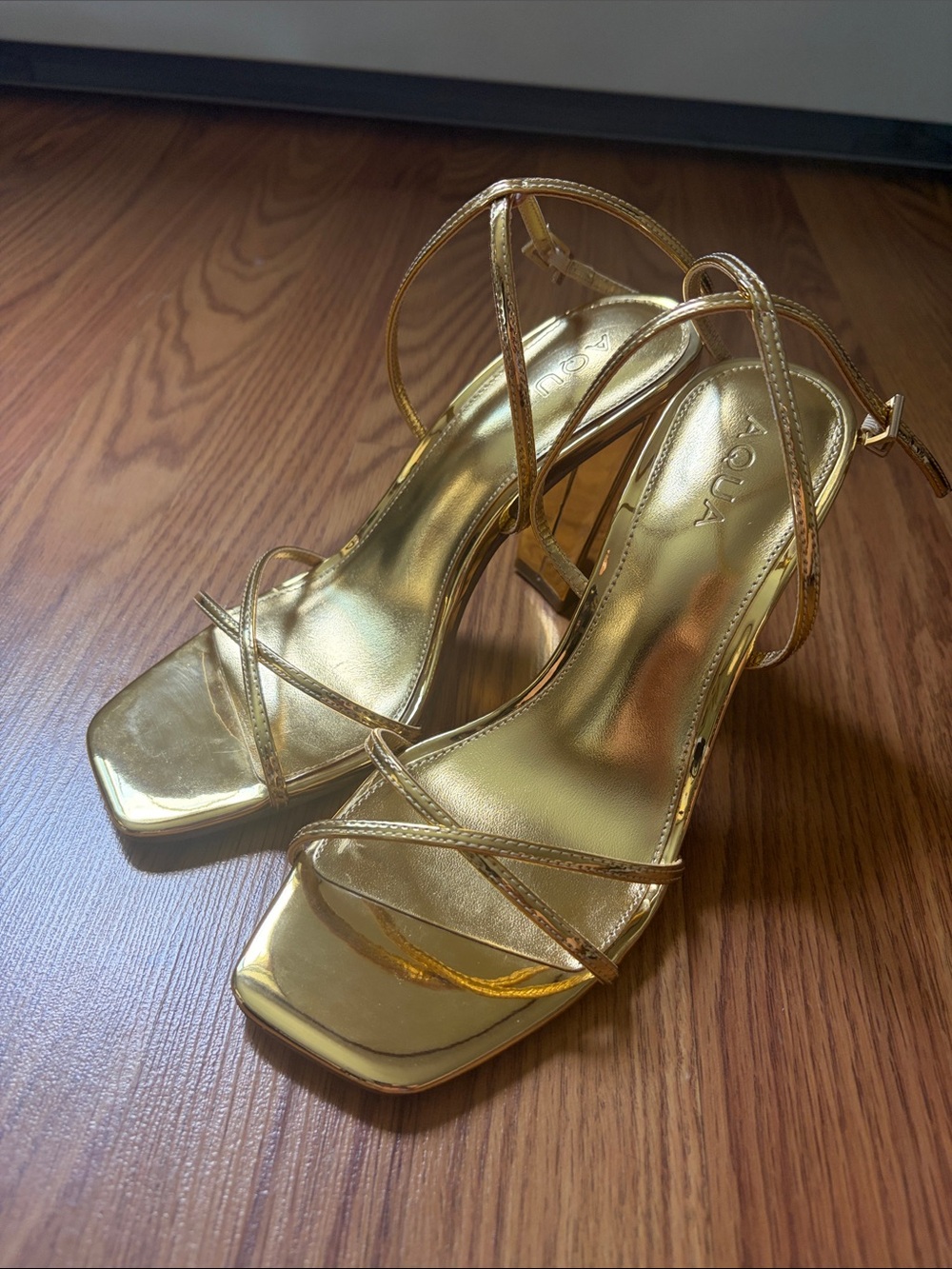 Aqua Metallic Gold Strappy Block Heel Sandals